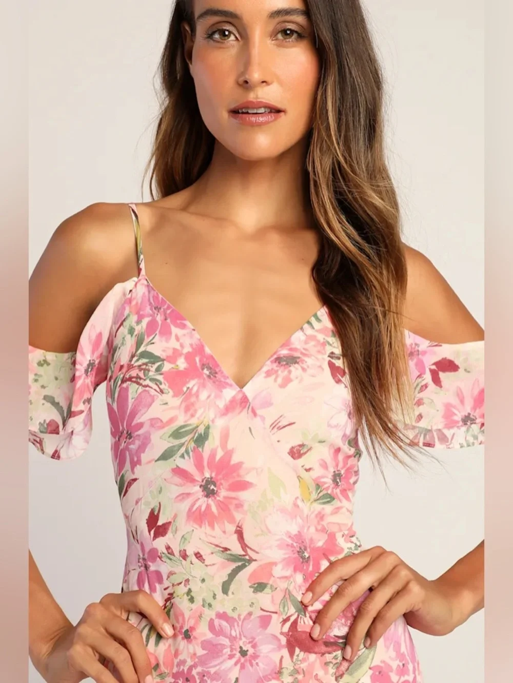 Lulus Watch Me Grow Pink Floral Print Cold-Shoulder High-Low Dress Size L NWT